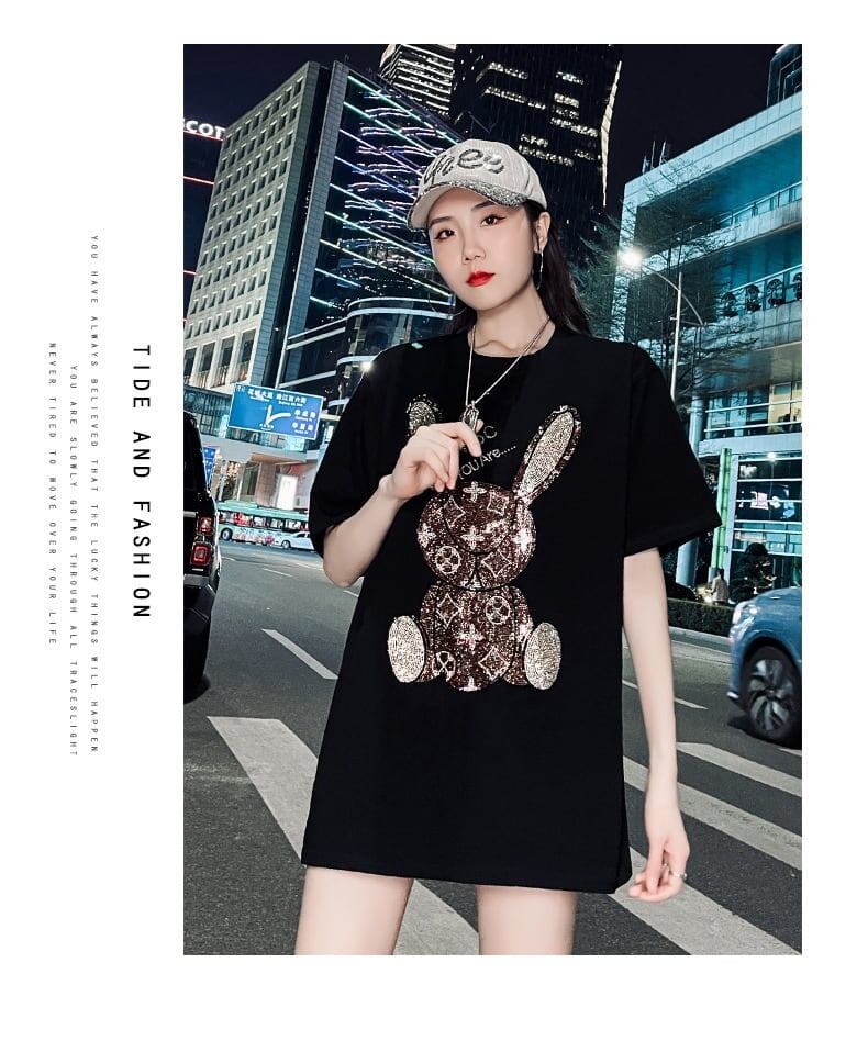 合わせやすい ビジュー ウサギ ロング Tシャツ ゆったり 半袖 ＜S-2887＞