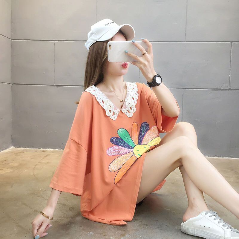 大人可愛い ロング丈 ゆったり 切り替え 三色半袖Tシャツ＜S-8129＞