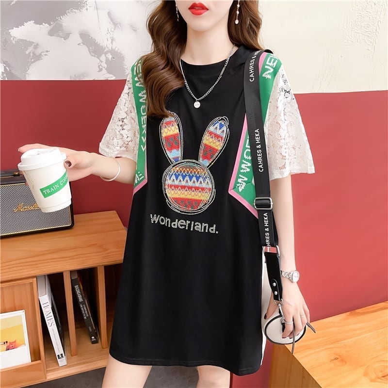 話題沸騰中 レース ビジュー 切り替え ロング Tシャツ ゆったりワンピース ＜S-3032＞
