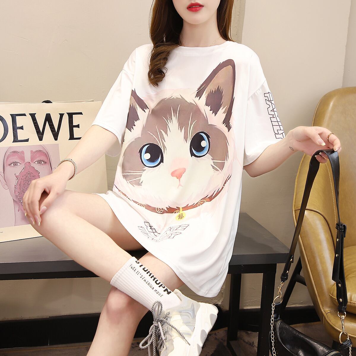 新商品 カジュアル 売り切れ必至 ルーズ プリント 全2色 半袖Tシャツ<S-8777>