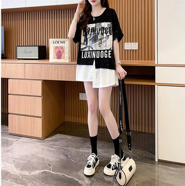 絶対流行 レイヤード風 レース プリント全2色 半袖Tシャツ<S-8821>