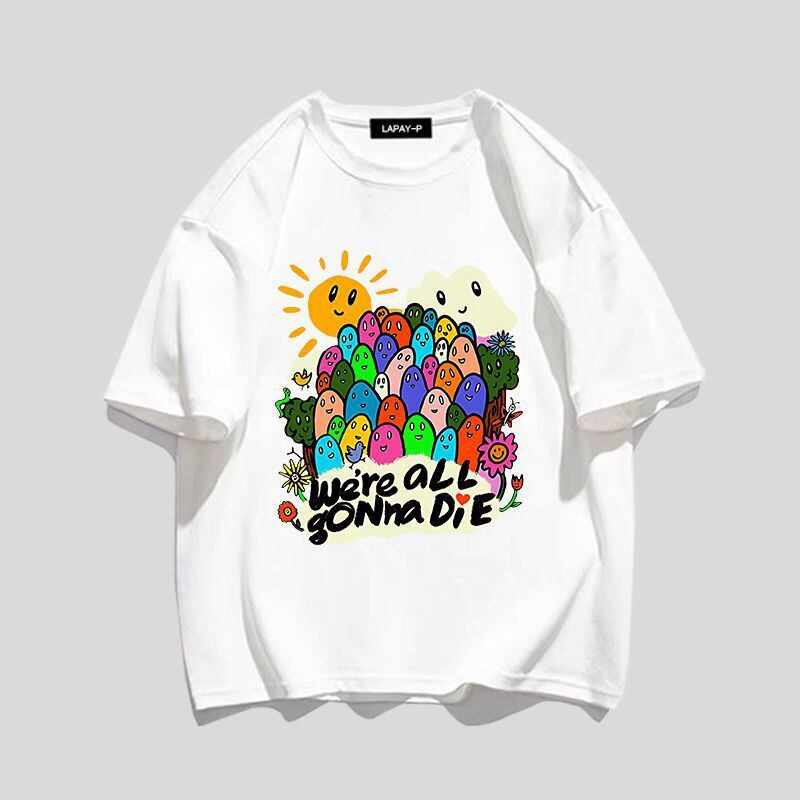 スタイルアップ効果抜群 キュート カジュアル ルーズ プリント全6色 半袖Tシャツ<S-8970>