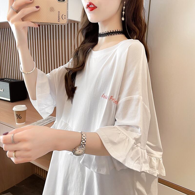 【半額！期間限定！！】合わせやすい 切り替え フリル プリント Tシャツ ゆったりワンピース＜S-3008＞