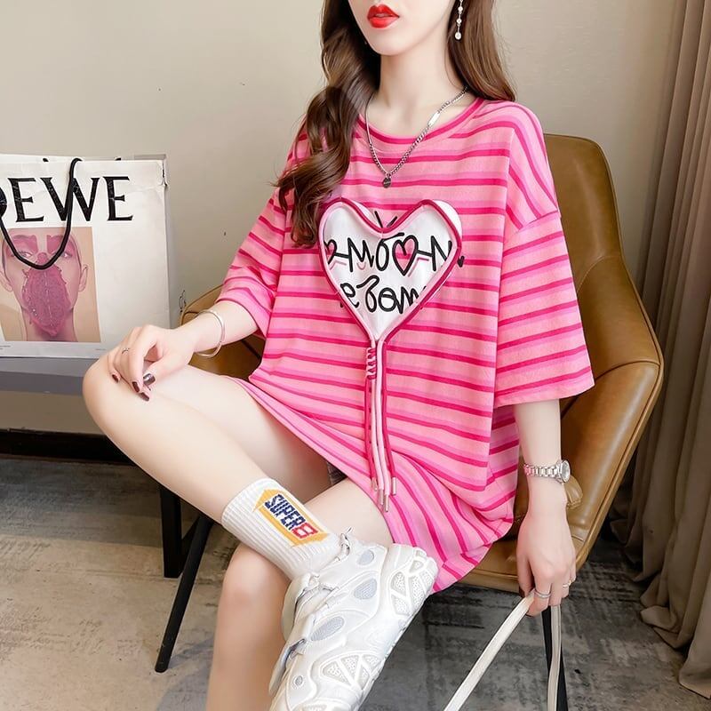 韓国風ピンクストライプゆったり立体装飾半袖Tシャツ<S-2985>