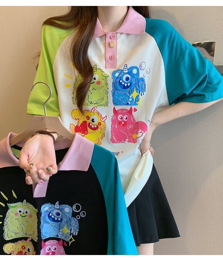 元気いっぱい カラーマッチング POLOネック プリント Tシャツ 半袖 ＜S-2979＞