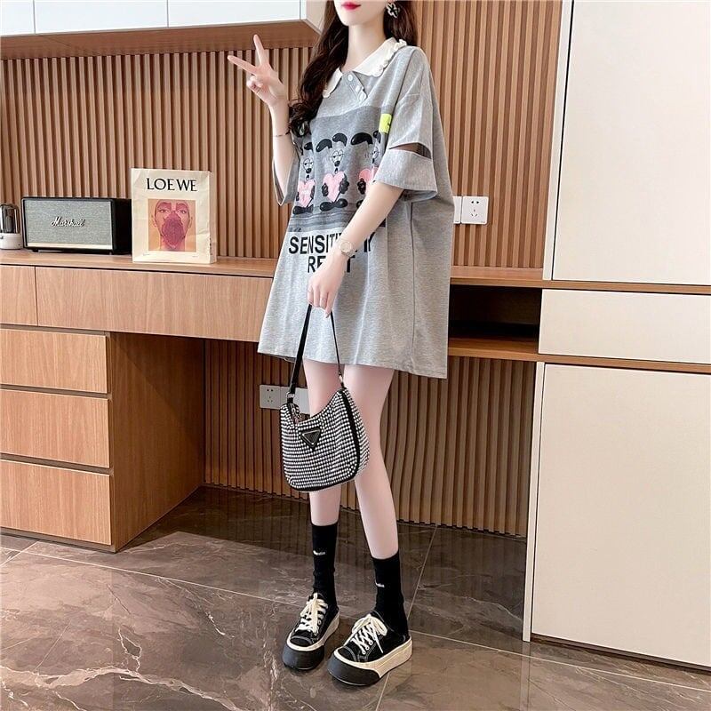 夏新作 アルファベットプリント POLOネック ロング Tシャツ ゆったりワンピース ＜S-3038＞