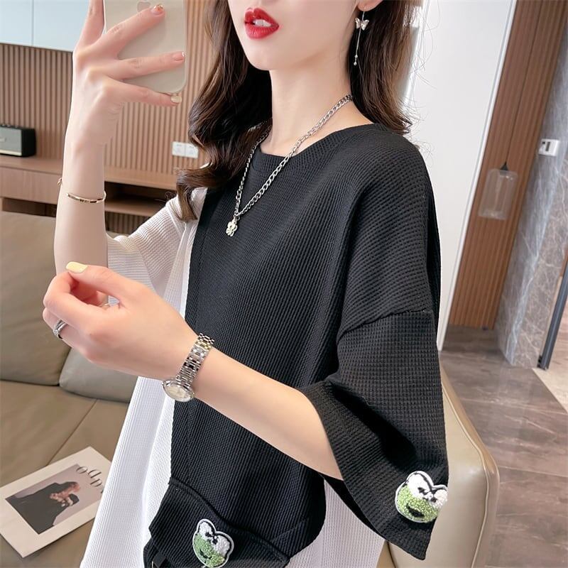 合わせやすい ワッフルTシャツ 切り替え かえるくん ゆったり半袖＜S-2992＞