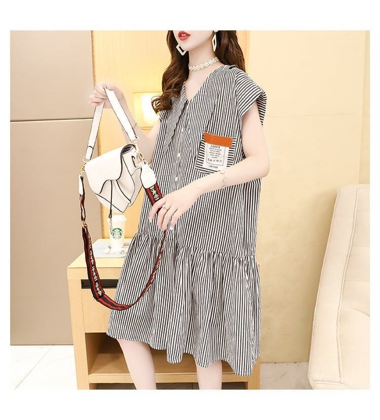 洋風VネックワンピースTシャツゆったりスリム半袖スカート<2857>
