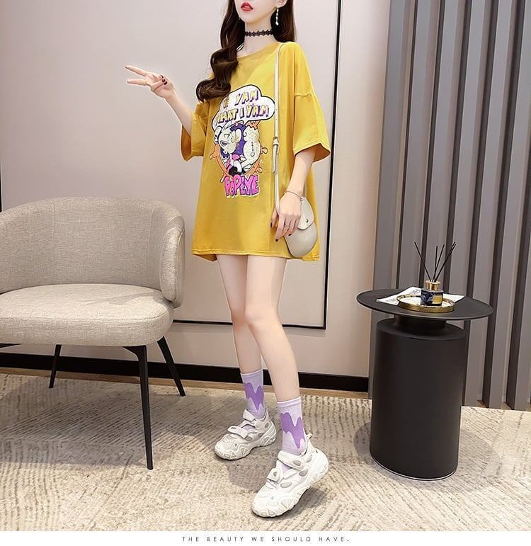 【半額！期間限定！！】グラフィック レース 透かし彫り ロング Tシャツ ゆったりワンピース ＜S-4021＞