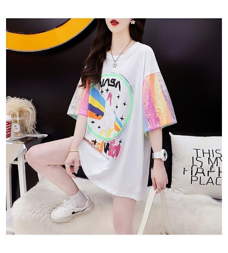 大好評 プリントTシャツ スパンコール切り替え ゆったり半袖＜S-2890＞