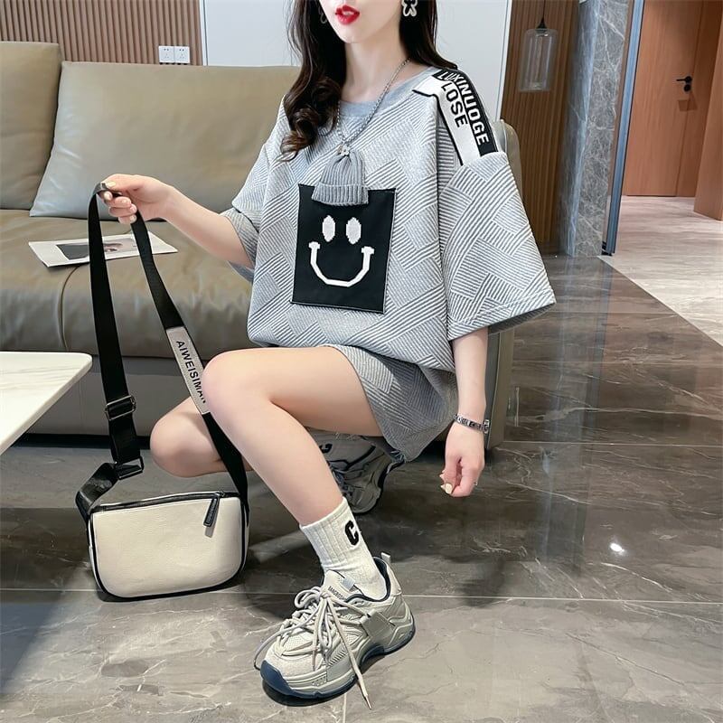 エレガントな立体ジャガードルーズウールパッチステッチ半袖Tシャツ<S-2901>
