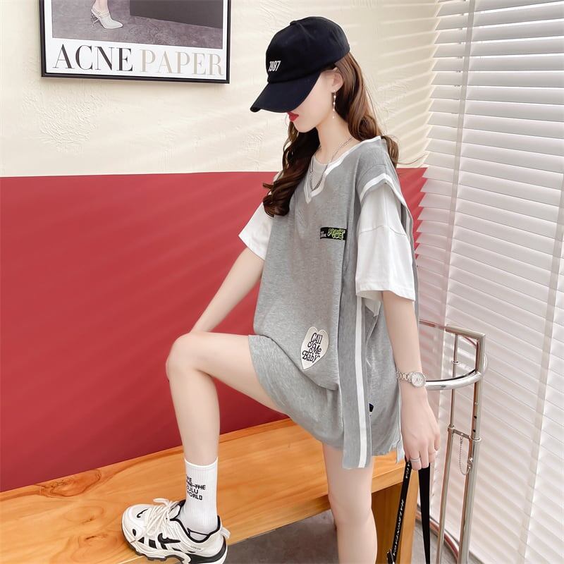 おすすめ アバンギャル 大活躍 ドレイヤード風 切り替え 全2色 半袖Tシャツ<S-8752>