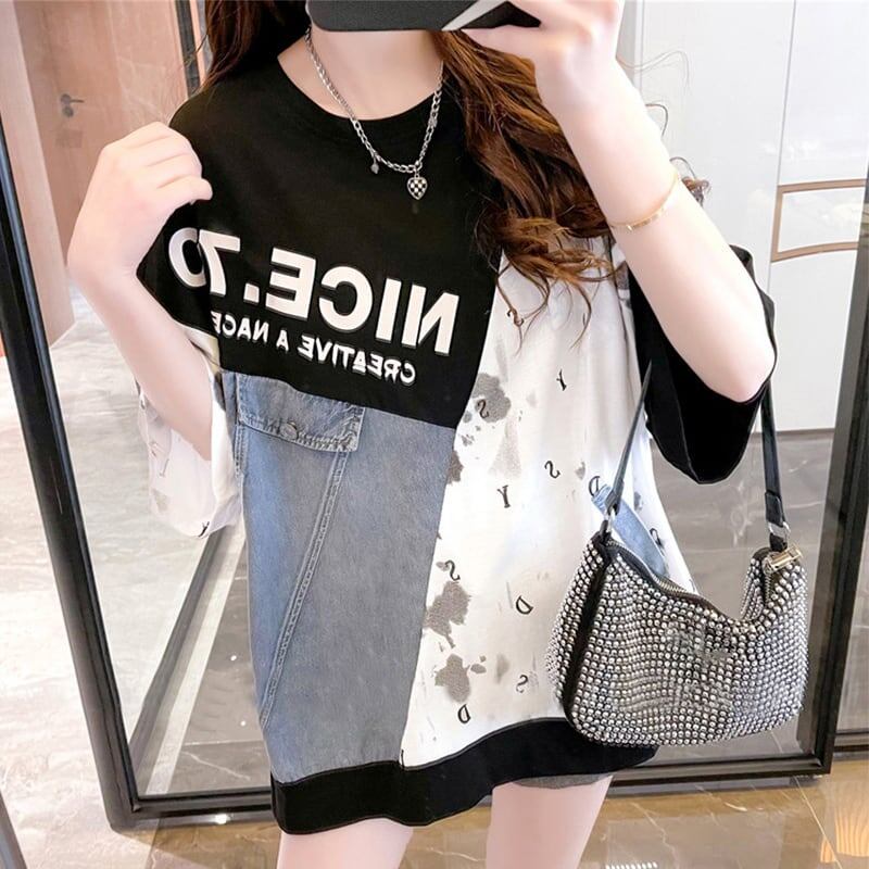 スタイリッシュ 切り替え 一目惚れ プリント Tシャツ カットソー＜S-3102＞