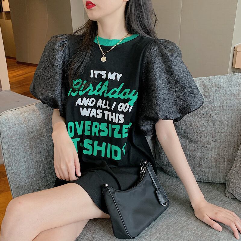話題沸騰中 パフスリーブ ファッション プリント 全2色 半袖 Tシャツ <S-8662>