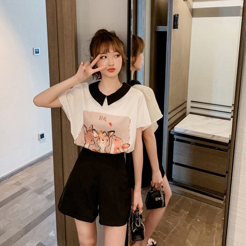 美人度アップ シフォン スウィート 半袖 Tシャツ ショートパンツ セットアップ ＜S-9234＞