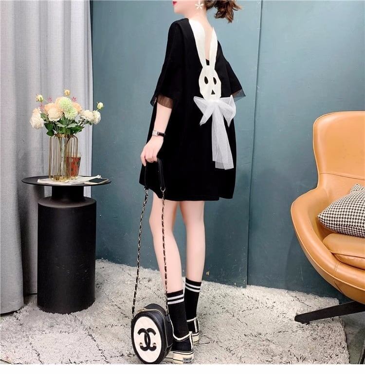 優しい雰囲気 立体のリボン バックオープン プリント ロングTシャツ ゆったり半袖＜S-2939＞