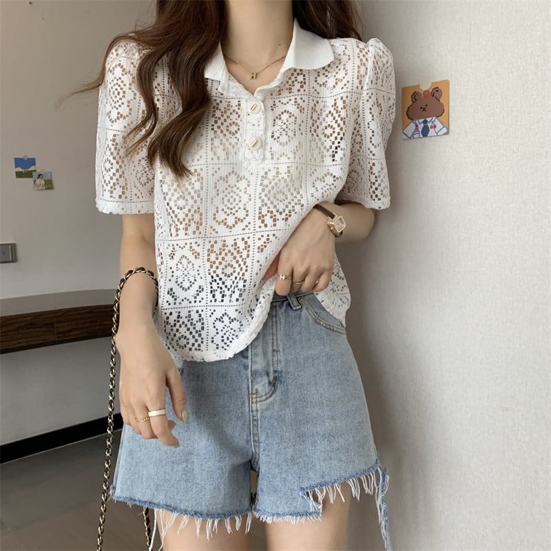 ファッション 透かし彫り 美人度アップ POLOネック Tシャツ カットソー＜S-3234＞