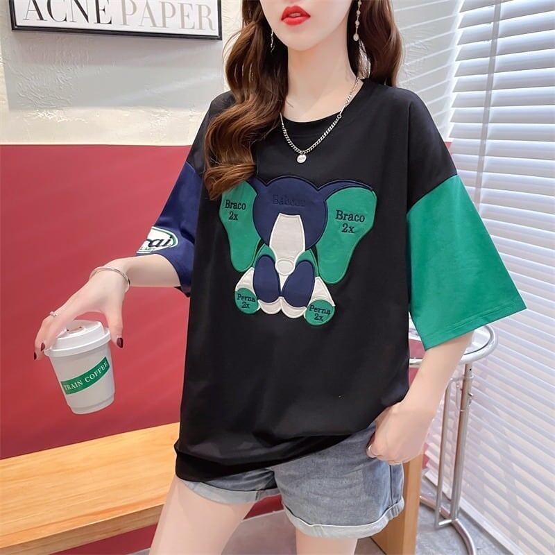 気質漫画カラーマッチング偽ツーピース半袖Tシャツ<S-2997>
