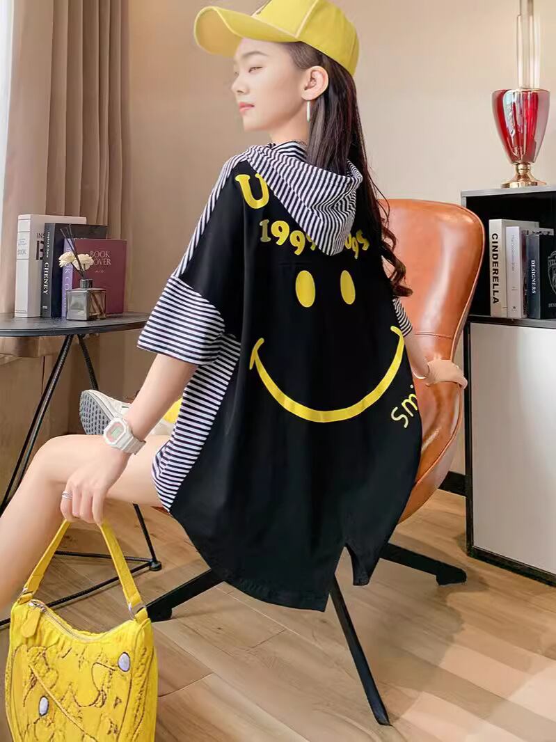 スタイルアップ効果抜群 ストライプ柄 アバンギャルド 切り替え レース プリント全2色 半袖Tシャツ<S-9111>