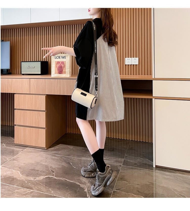 POLOネック 切り替え ストライプ柄 ロング Tシャツ ゆったりワンピース ＜S-3031＞