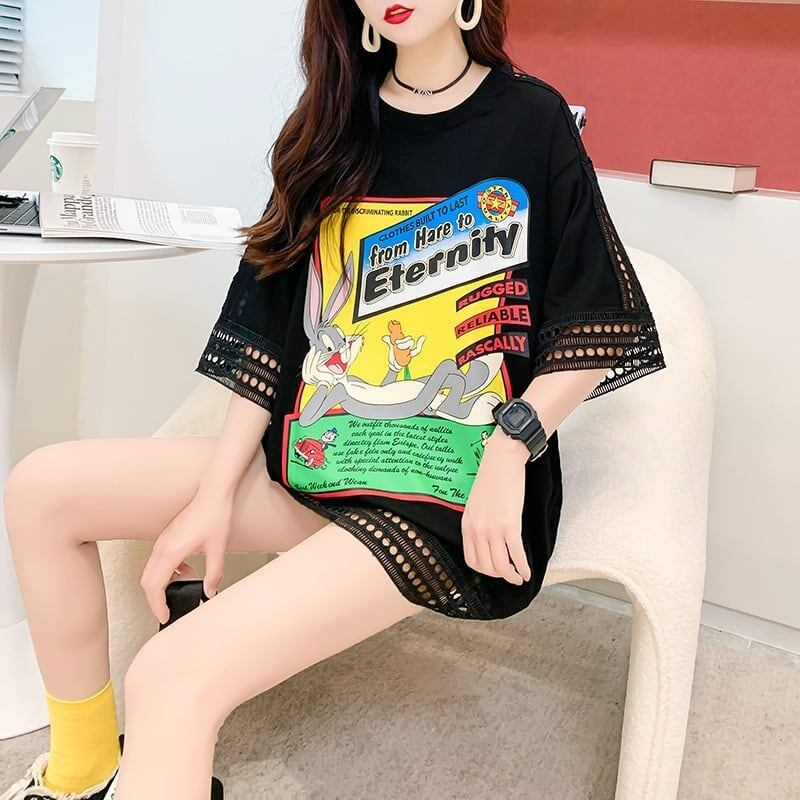 デザインセンス中空プリントTシャツルーズトップス<S-2877>