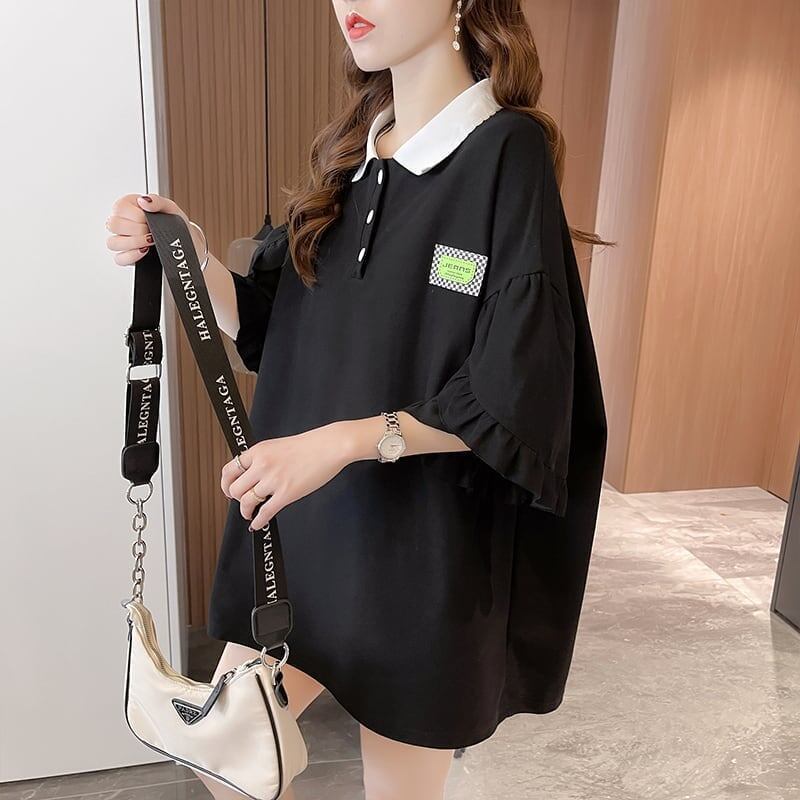 おすすめ POLOネック シンプル フリル ロング Tシャツ 三色 ゆったり半袖 ＜S-3055＞