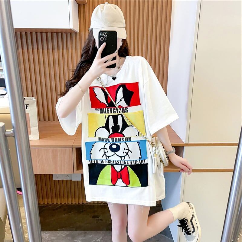 清純甘くて女子力UP ラウンドネック 一目惚れ カートゥーンプリント Tシャツ＜S-2817＞