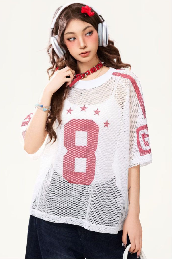 透け感 メッシュ 星柄 プリント Tシャツ S-80003