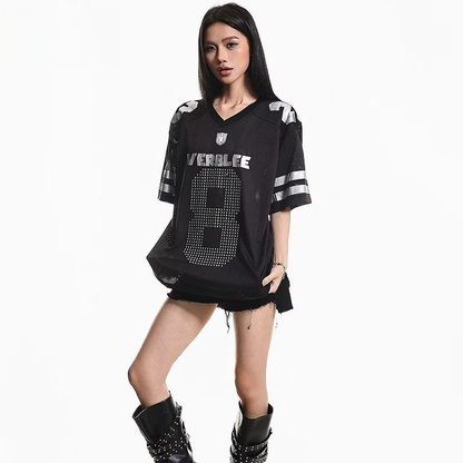 通気メッシュ 袖2本ライン Vネック Tシャツ S-80004