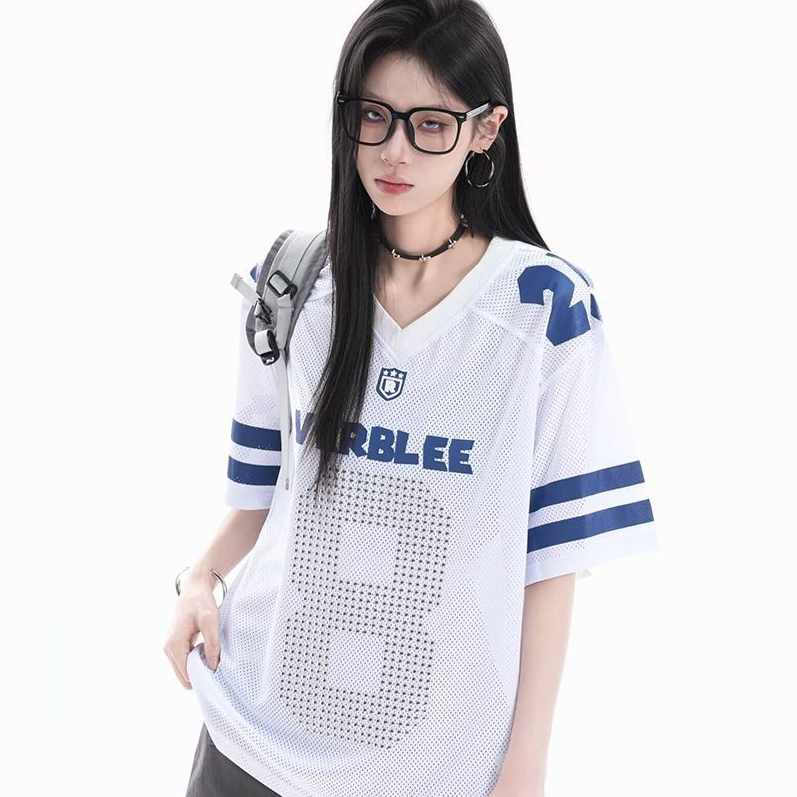 通気メッシュ 袖2本ライン Vネック Tシャツ S-80004