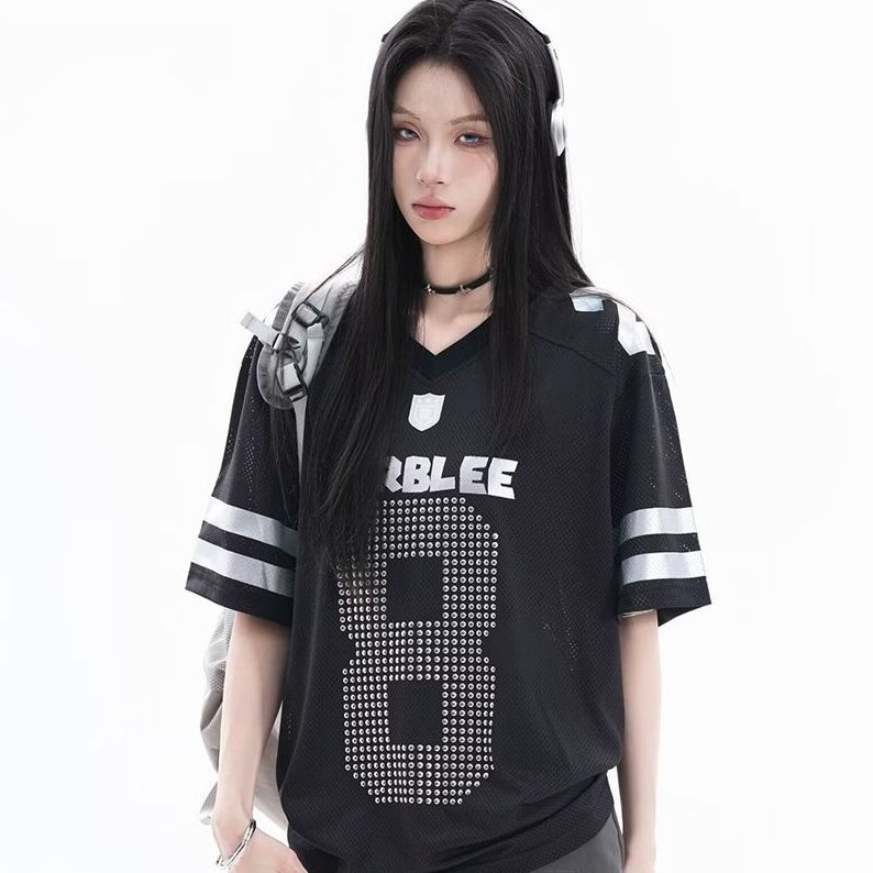 通気メッシュ 袖2本ライン Vネック Tシャツ S-80004
