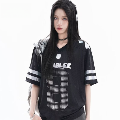 通気メッシュ 袖2本ライン Vネック Tシャツ S-80004