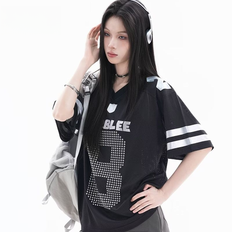 通気メッシュ 袖2本ライン Vネック Tシャツ S-80004