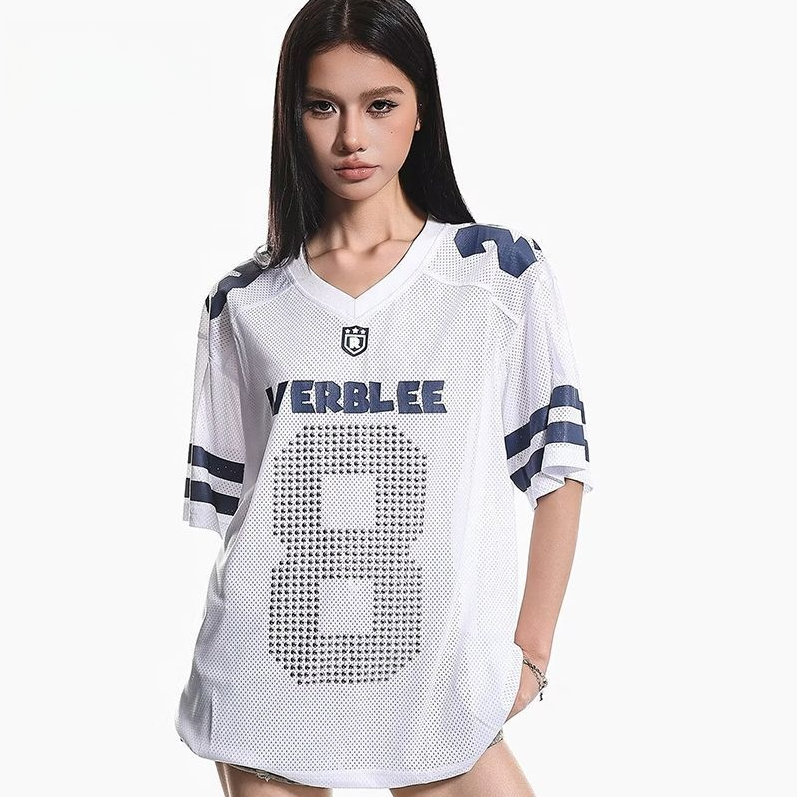 通気メッシュ 袖2本ライン Vネック Tシャツ S-80004