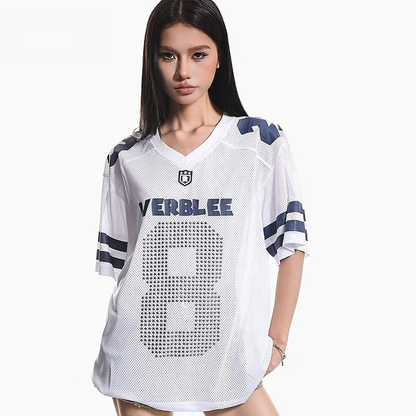 通気メッシュ 袖2本ライン Vネック Tシャツ S-80004