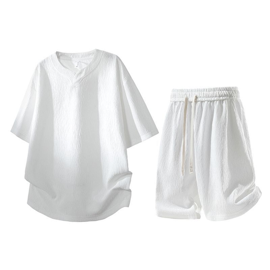無地 シワ生地 カップル Tシャツ & ショーツ セットアップ  S-80017