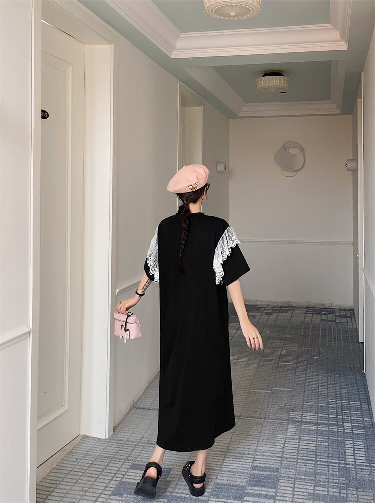 おすすめ レース ファッション 切り替え プリント Tシャツ カットソー ワンピース＜S-8535＞
