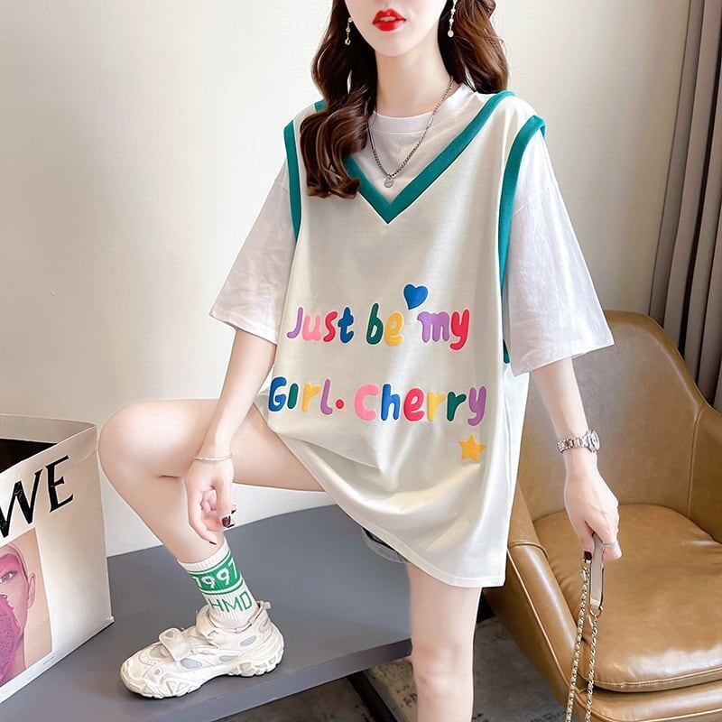 絶対欲しい レイヤード アルファベット Tシャツ ゆったり ロング 半袖 ＜S-2943＞