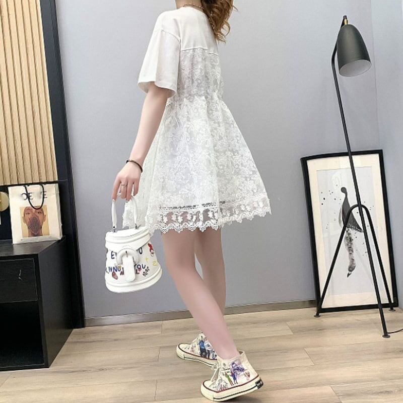 女子マスト 切り替え レース ゆったり 着せ ハイウエスト 半袖 ワンピース ＜S-2019＞