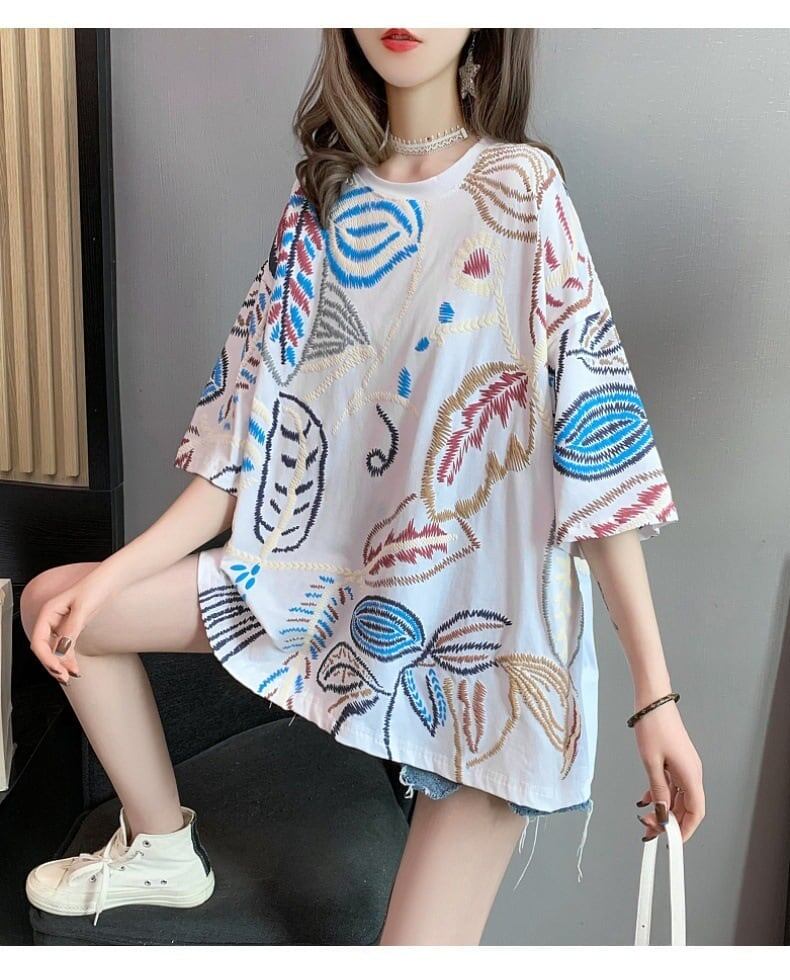 韓国系 ロング 刺繍 Tシャツ 三色 ゆったり半袖 ＜S-2847＞