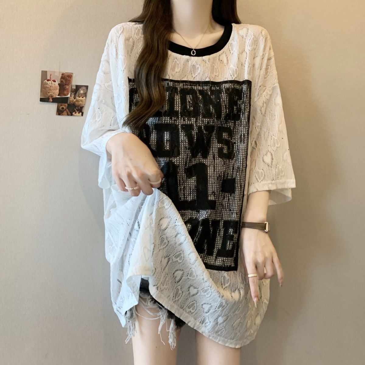 超人気 アバンギャルド 絶対流行 レース プリント全2色 半袖Tシャツ<S-8798>
