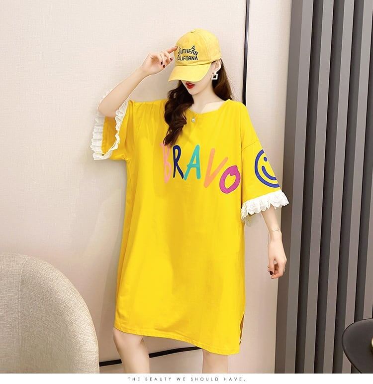 夏新作 アルファベット オーバーサイズ フリル プリントTシャツ 三色 ゆったり半袖＜S-3009＞