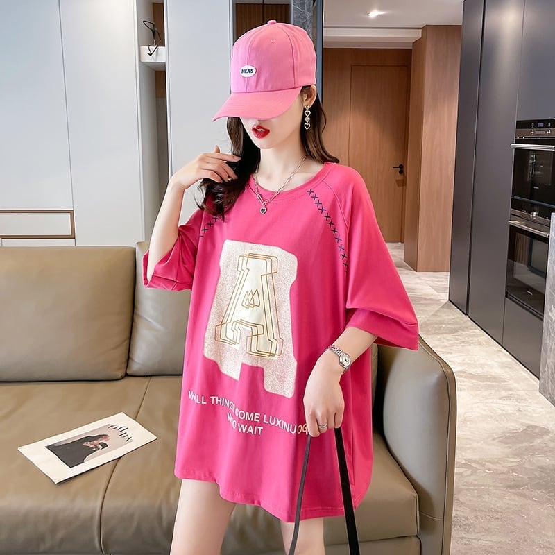 超人気商品 ロング アルファベット プリントTシャツ 三色 ゆったり半袖 ＜S-4019＞