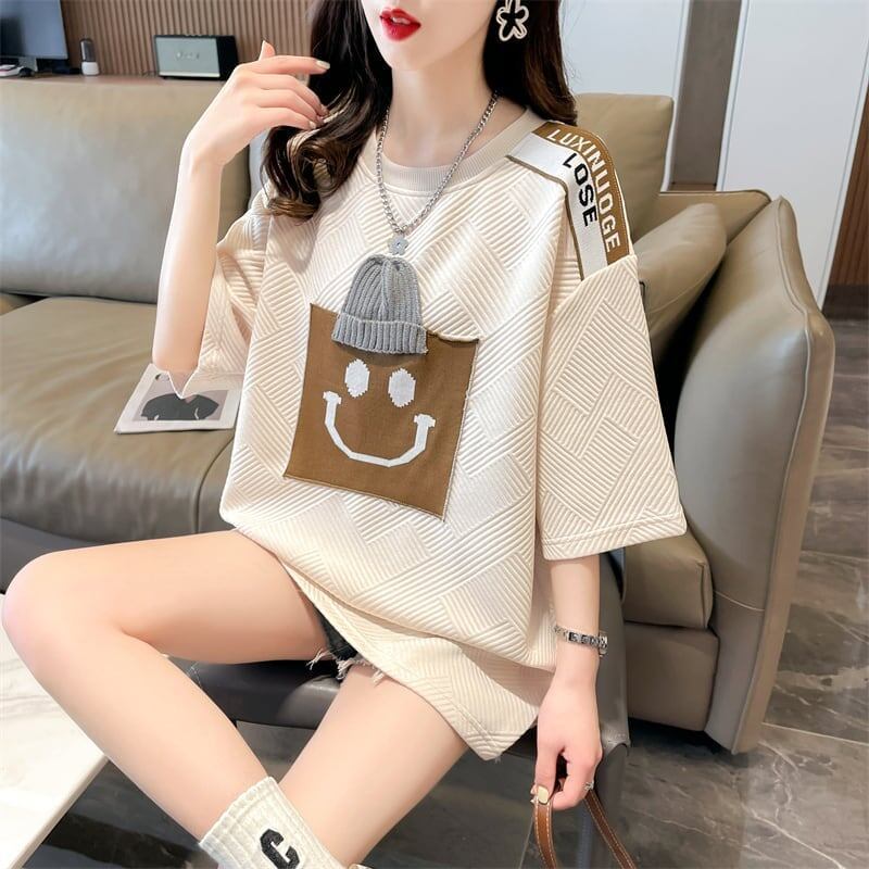 エレガントな立体ジャガードルーズウールパッチステッチ半袖Tシャツ<S-2901>