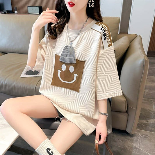 エレガントな立体ジャガードルーズウールパッチステッチ半袖Tシャツ<S-2901>