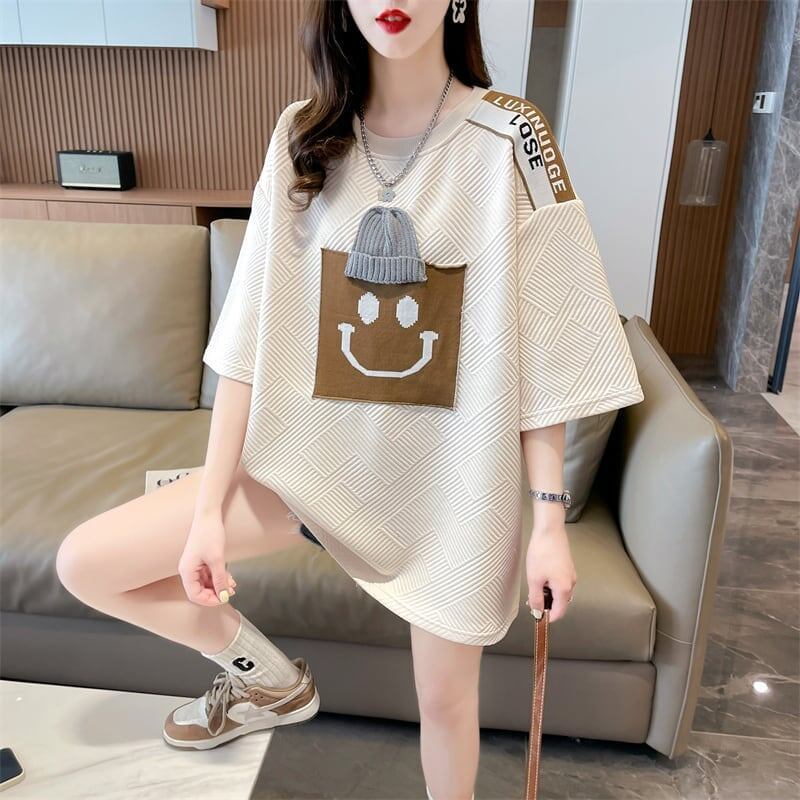 エレガントな立体ジャガードルーズウールパッチステッチ半袖Tシャツ<S-2901>