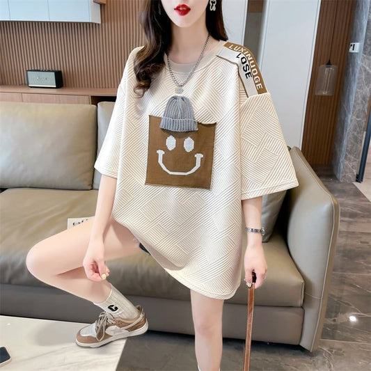 エレガントな立体ジャガードルーズウールパッチステッチ半袖Tシャツ<S-2901>