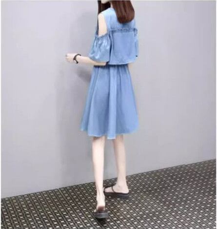 超人気 レイヤード風 ファッション 切り替え デニム 半袖ワンピース<S-8352>