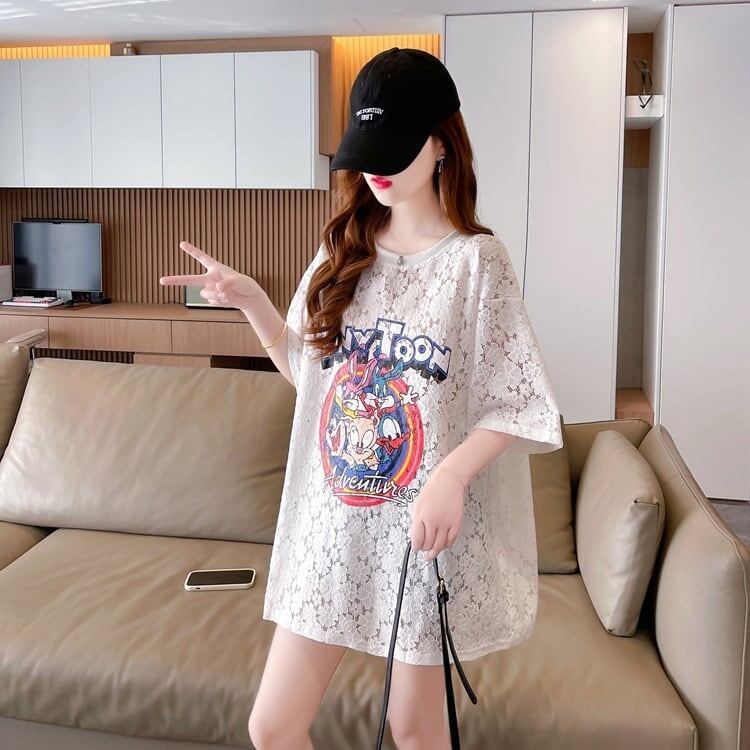ハイエンドデザインセンスレース中空ルーズミドル丈半袖Tシャツ<S-3035>