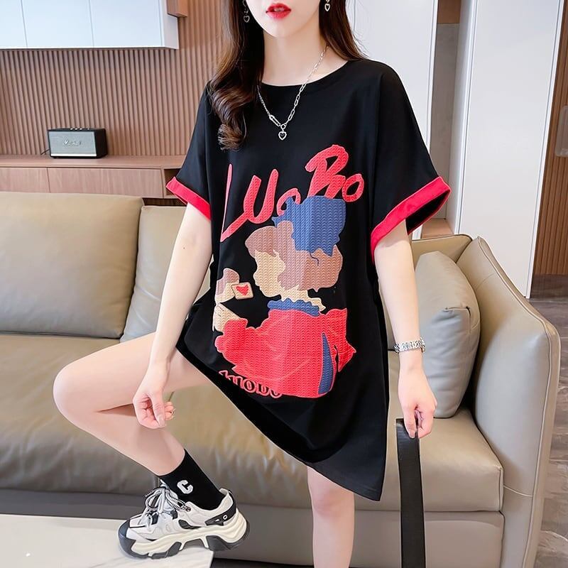 気質とデザインセンスを備えた対照的な色の漫画半袖Tシャツ<S-2990>